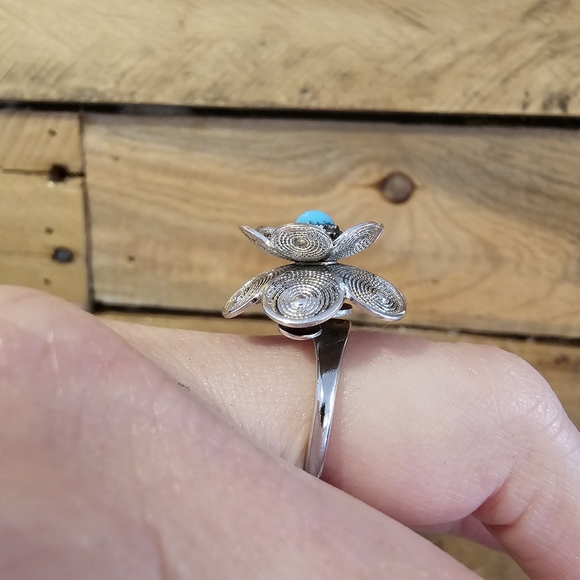 Vintage '71 Sarah Coventry "Blue Buttercup" adjustable silvertone ring - Picture 3 of 6